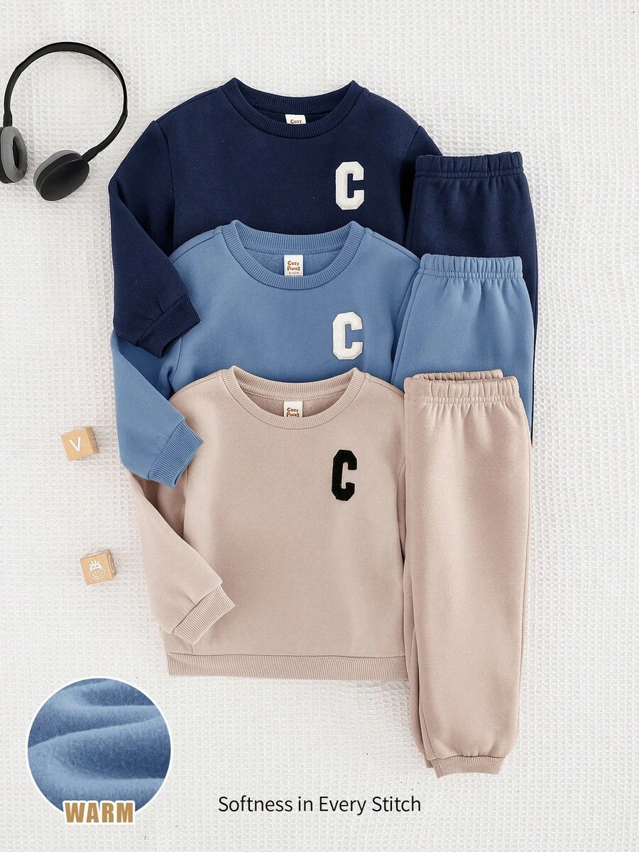 Cozy Pixies 6pcs/Set Baby Boy Letter Pattern Knit Soft Crew Neck Long Sleeve Hoodie And Pants Set Fall Winter - Multicolor - View 1