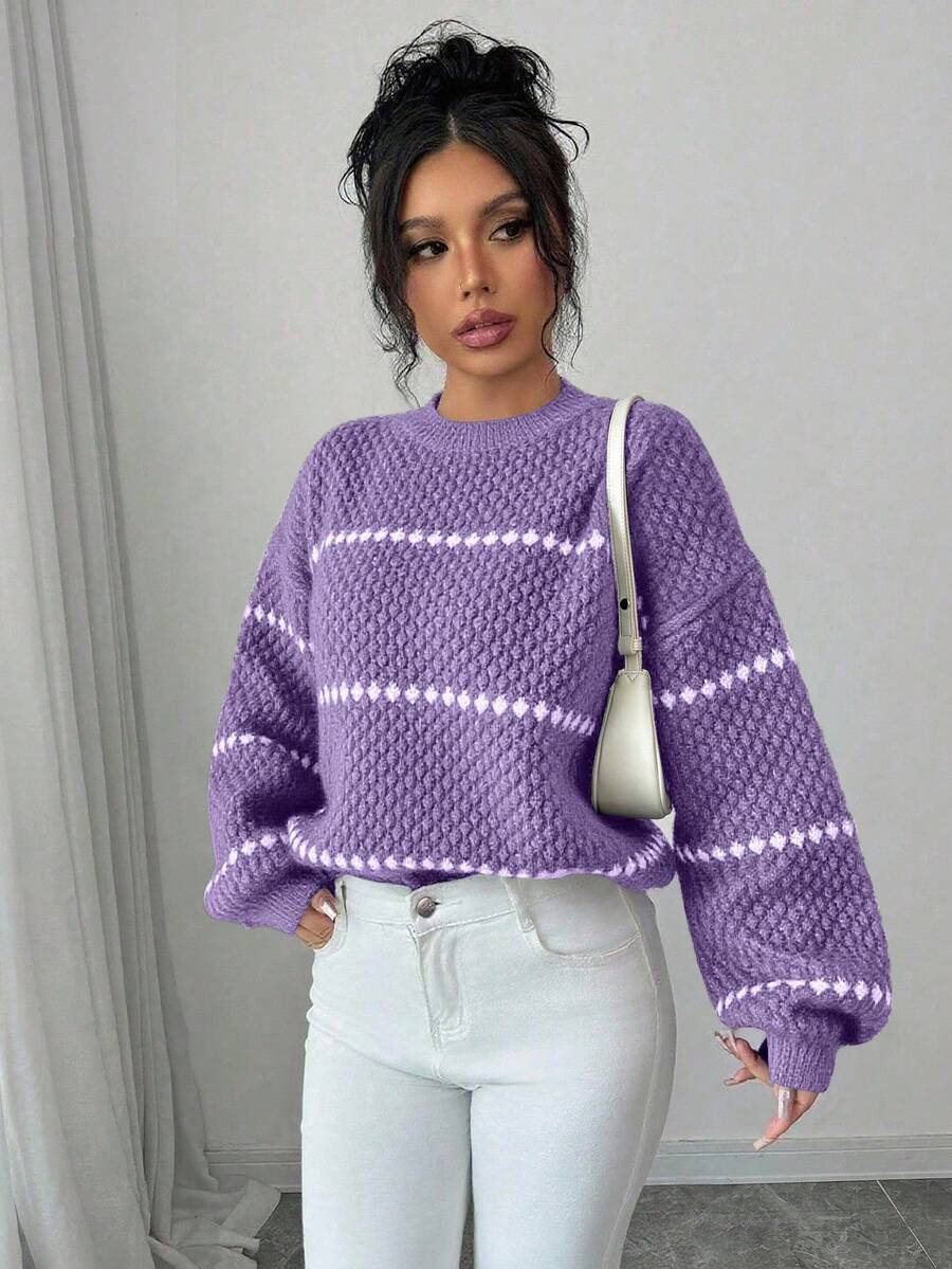 Elenzga Women's Casual Everyday Textured Fabric Striped Pattern Drop Shoulder Loose Lantern Sleeve Pullover Sweater, Autumn/Winter - Purple - View 1
