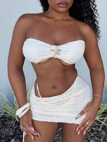 Alexandranx 3pcs Textured Strapless Starfish Decor Bikini Swimwear Set, Sexy Beach Clothes - Apricot - View 3