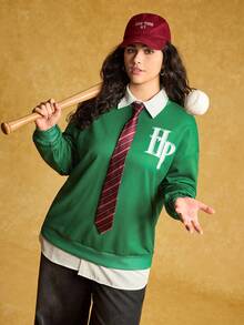 HARRY POTTER X SHEIN Áo nỉ chui đầu cổ tròn tay dài họa tiết cú cỡ lớn màu xanh lá cây - màu xanh lá - Xem 2