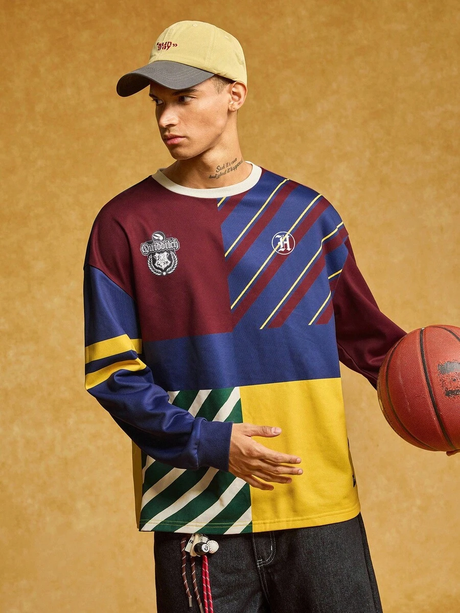 HARRY POTTER X SHEIN Men's Casual Collegiate Style Print Contrast Color Dropped Shoulder Loose Pullover Sweatshirt, Spring/Autumn Jerseys For Men Y2k Rugby Long Sleeve For Men - Multicolor - View 1