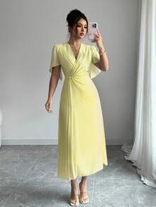 Rafferiza Solid Color Chiffon Fashionable Cinched Waist Elegant Pleated Dress - Yellow - View 5