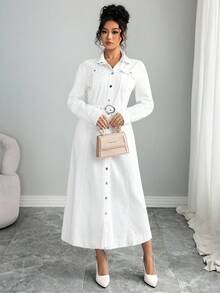 Elenzga Đầm denim thắt lưng đơn giản thời trang dành cho nữ - trắng - Xem 5