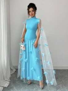 Rafferiza Women's Elegant Summer Light Blue Floral Mesh Mermaid Dress, Long Party Dress For Wedding Guest Dinner,Holiday Vacay Vibes Fall Outfits - Blue - View 3