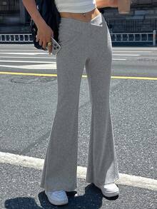 DAZY 女式交叉腰合身喇叭瑜伽裤 - 灰色 - 查看 5