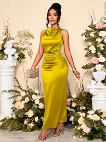 SOLERSUN Đầm dự tiệc không tay xếp nếp cổ tròn màu trơn thanh lịch dành cho nữ, hoàn hảo cho tiệc tối - Màu Mù tạt vàng - Xem 3