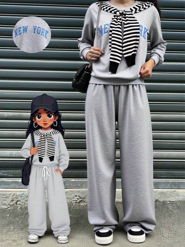 2 件套青少年女孩运动服，全新设计麻灰色圆领套头衫搭配麻灰色运动裤，包含黑白针织披肩，舒适宽松的运动装
