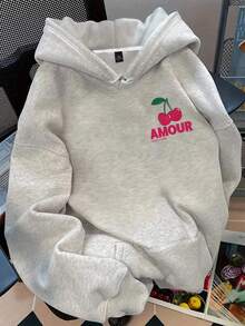 Flirla Plus Size Women's Cherry Pattern Text Print Casual Sweatshirt Winter Fall Autumn - Light Grey - View 2