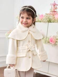 SHEIN 女婴休闲可爱拼布人造毛皮腰带斗篷大衣，节日装 - 白色 - 查看 3