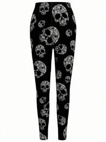 EMERY ROSE Legging Bodycon Wanita Ukuran Plus dengan Pinggang Tinggi dan Motif Tengkorak, Bergaya dan Nyaman untuk Pemakaian Sehari-hari & Sempurna untuk Halloween - Hitam - View 2