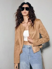 Lumivelle Chaqueta de manga larga con cintura ceñida, volantes en el bajo y textura de terciopelo para mujer en otoño/invierno - Caqui - Ver 6