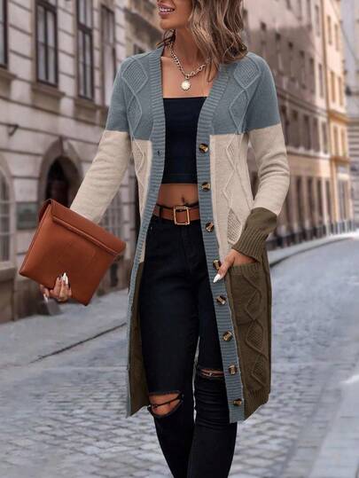 EMERY ROSE Women's Autumn Colorblock Geometric Textured Long Sleeve Single-Breasted Long Cardigan With Pockets