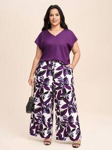 Comfylo Women V-Neck Solid Color Casual Elegant Western Top Pants Set Summer Outfits For Women Vacation Outfits Woman Vacation Wedding Guest Purple - Multicolor - View 6