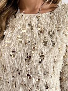 Easowa Cream White,Autumn,Elegant,Dining Women's Fluffy Sequin Pullover Sweatshirt,Round Neck Long Sleeve Loose Gold Top For Party,Halloween & Christmas - Apricot - View 6