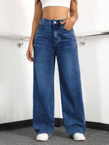 EURMUSE Women's Loose Fit Casual Denim Jeans With Side Pockets And Wide-Leg Design - Dark Wash - View 4