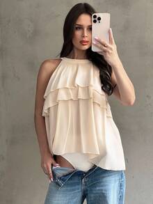 Firerie Lös, volangrik asymmetrisk chiffongbody med halterneck för kvinnor - Aprikos - Visa 4