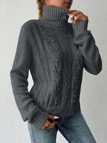 EURMUSE Áo len cổ lọ trơn màu thường ngày dành cho nữ, Thu/Đông - Xám - Xem 3