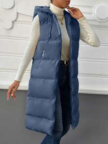 EURMUSE Women's Casual Solid Color Sleeveless Hooded Jacket, Versatile For Winter - Dusty Blue - View 3
