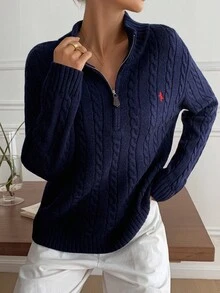 DAZY Áo len dệt kim dáng rộng thêu hình kỳ lân thời trang thu đông cho nữ, có khóa kéo nửa - Màu xanh hải quân - Xem 4