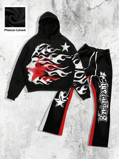 Street Life Men's Drawstring Punk Loose Casual Hooded Sweatshirt And Sweatpants Set, Fall Clothes