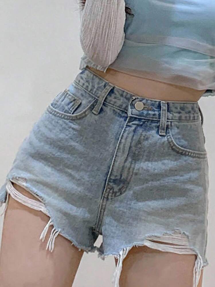 Light Wash Blue Distressed Frayed Hem Slim Straight Short Jeans, Summer Denim Shorts Jorts