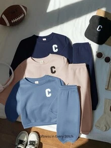 Cozy Pixies 6pcs/Set Baby Boy Letter Pattern Knit Soft Crew Neck Long Sleeve Hoodie And Pants Set Fall Winter - Multicolor - View 6