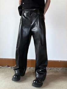 Claim Dot 男士黑色 PU 皮裤，休闲时尚百搭长裤，秋冬 - 黑色 - 查看 3