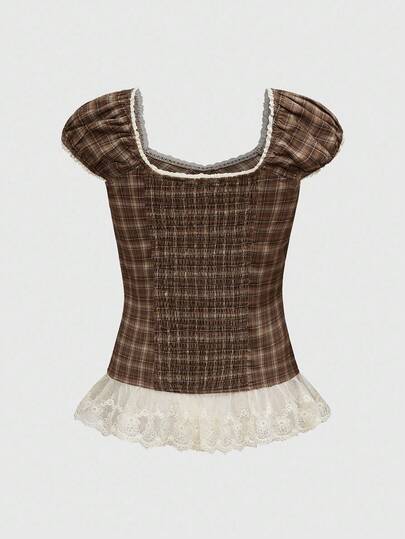 ROMWE Avant Women's Sweetheart Collar Plaid Lace Trim Splice Fashion Blouse