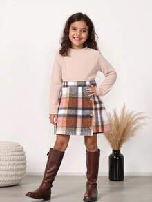 2pcs Young Girls Elegant Solid Ribbed Crew Neck Top & Plaid Asymmetrical Hem Skirt Set Plaid Skirt Set Fall Outfit Beige Top And Plaid Skirt Set Two Pieces Skirt Set Young Girl Autumn Girls Clothes Girls Fall Clothes Young Girl Plaid Skirt Outfit Fall Outfits For Young Girl Fall Clothes Girls Beige Top Plaid Skirt Set Two Pieces Skirt Set For Girls - Khaki - View 8