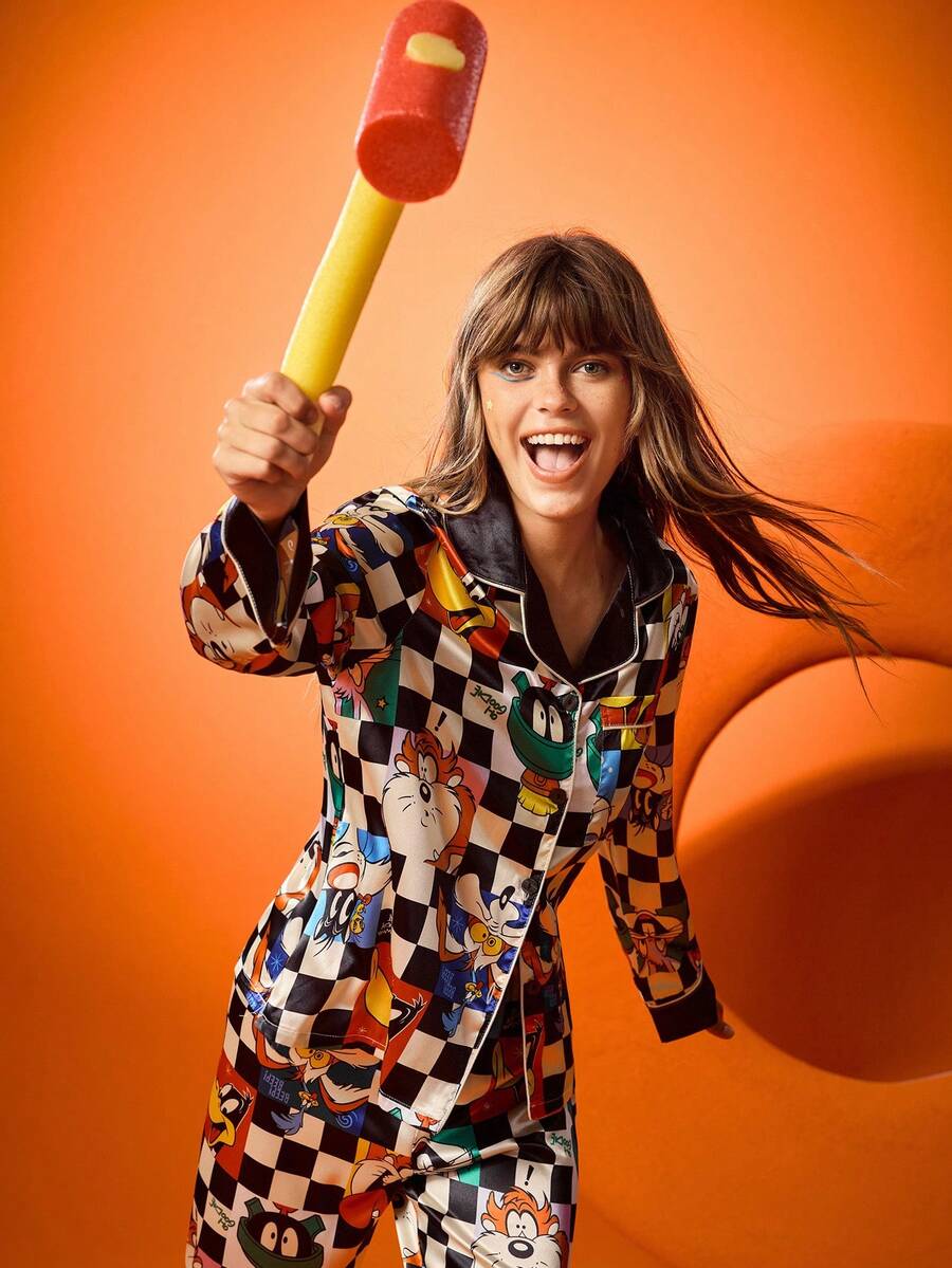 Chillnights X LOONEY TUNES Women's Cartoon Pattern Satin Button Up Top & Pants Pajama Set, Fall Winter Clothes - Multicolor - View 1