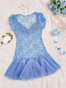 SHEIN Váy ngủ vải tuyn đính ren thêu hoa cổ điển đính nơ lãng mạn cho nữ - Màu xanh lam - Xem 2