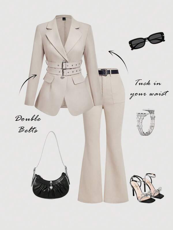 SHEIN MOD Women's Fashion Double Waistband Suit Jacket In Fall/Winter,Christmas Clothes For Women,Elegant Suit,Women's Winter Clothes