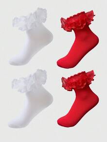 ROMWE Kawaii 2 Pairs Women's Ruffle Trim Mid-Calf Socks - Multicolor - View 2