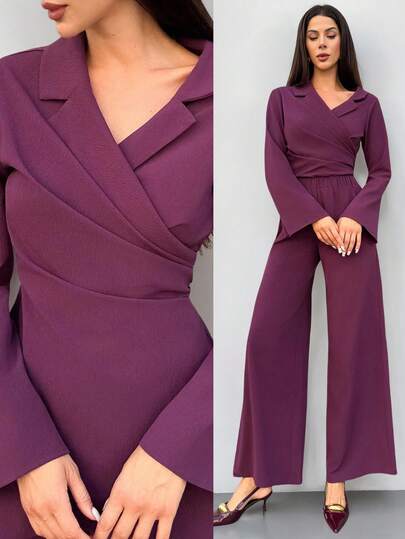 Firerie 女士纯色翻领长袖褶皱优雅收腰不对称下摆衬衫，纯色翻领长袖褶皱不对称下摆优雅衬衫，休闲日常简约纯色落肩宽松喇叭袖褶皱收腰不对称下摆衬衫，春秋新款杏色优雅V领长袖T恤搭配交叉领带+阔腿松紧腰裤，秋装秋装女秋装教师装，所有服装女教师装教师装教师服教师衬衫商务休闲女商务休闲装女商务休闲商务休闲女衬衫不对称下摆办公室通勤