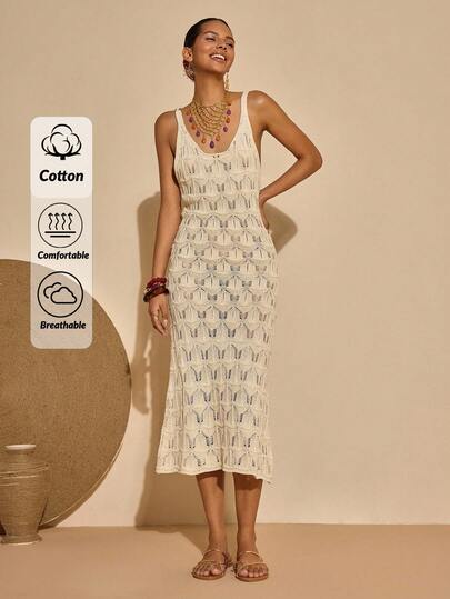 Bóhologie Boho Bohemela Womens Clothing Women Summer Clothes Geometric Lace Knit Maxi Dress – Boho Sleeveless Beachwear In Ivory Cover Up Beachwear Women Dresses Elegant Gown  Suitable For Everyday, Out Of The Street, Holiday And Other Occasions To Wear Dresses For Women Summer Women Midi Dresses