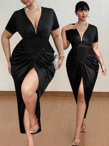 Viva Relle Robe sexy à encolure V profonde, froncée et fendue pour femmes grandes tailles - Noir - Voir 1