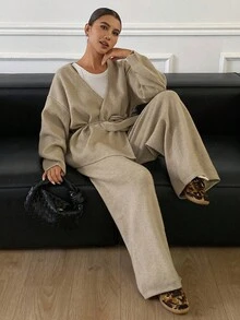 DAZY 2pcs/Set Women Loose Casual Wrap Sweater, Autumn/Winter - Khaki - View 4