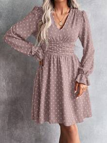 EMERY ROSE Women's Jacquard V-Neck Ruffle Sleeve Waist Pleated Fashion Dress - Pink - View 3