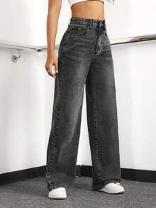 EURMUSE Women's Loose Fit Casual Denim Jeans With Side Pockets And Wide-Leg Design - Dark Grey - View 5