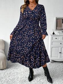 SHEIN Clasi 大码女式秋冬时尚休闲 V 领碎花长款束腰连衣裙，修身廓形长款女装 - 藏蓝色 - 查看 5