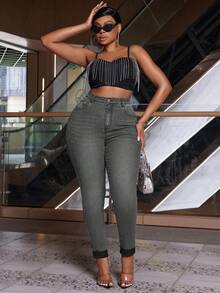 Slaydiva Pantalones vaqueros elásticos de unicolor con bolsillos para talla grande en invierno - Gris - Ver 5
