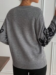 DAZY Suéter holgado de mujer con cuello redondo y contraste de color floral para otoño - Gris - Ver 2