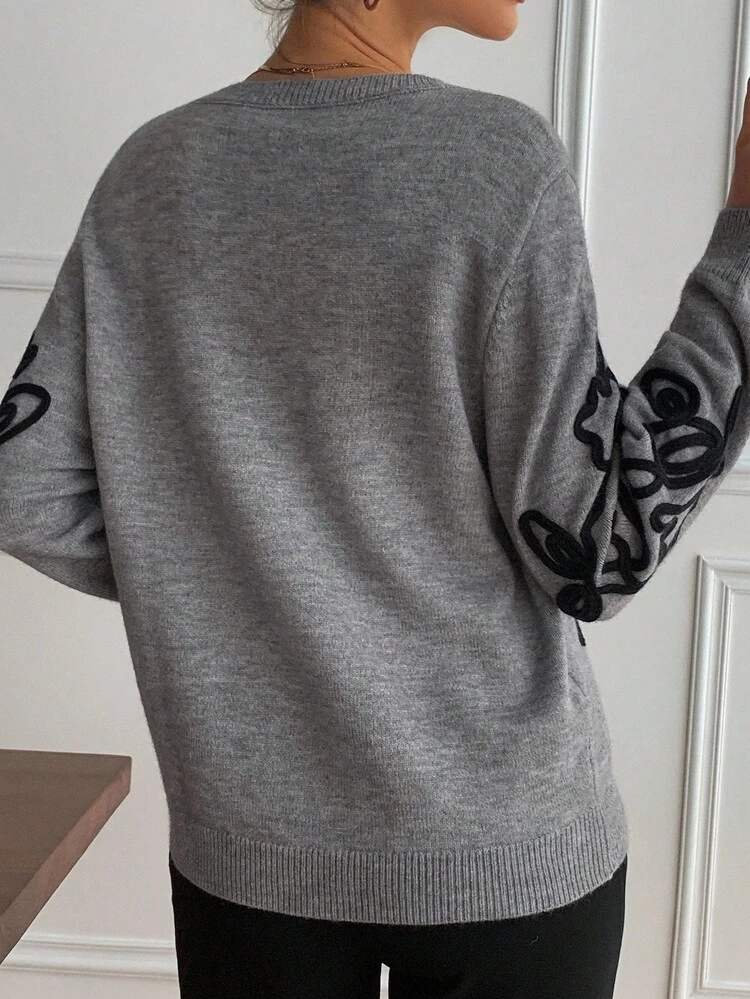 Loose Floral Contrast Color Round Neck Women Sweater Fall