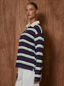 MUSERA 超大款长袖条纹纽扣细节橄榄球T恤，可爱假日度假机场休闲优雅上衣，仅供女性办公室着装，适合秋季、春季和夏季穿着。 - 寶藍色 - 查看 3