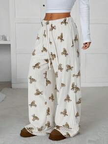 SHEIN EZwear Quần ống rộng in hình gấu hai mặt bằng vải nỉ ấm áp cho mùa thu đông karaoke Giáng sinh dành cho nữ - Nhiều màu - Xem 3