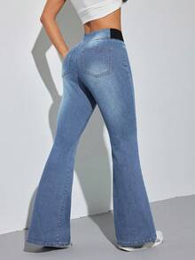 SHEIN PETITE Women's Blue Jeans Skinny Flared Pants Comfortable High Elastic Denim Summer Office Wear Siren Style - Light Wash - View 3