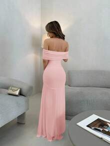 Jemour Women Elegant Tulle Off Shoulder Ruched Waist Dress For Wedding Party - Pink - View 2