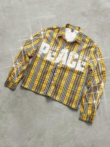 PAVTROS Manfinity Streetrush Men's Yellow Plaid Creative Letter Pattern Rhinestone Embellished Long Sleeve Shirt,Rhinestone,Halloween,Halloween Party,Streetwear Peace Shirt Graphic Shirt Men Vintage Shirt Yellow Plaid Shirt Men Streetwear Shirt, Fall