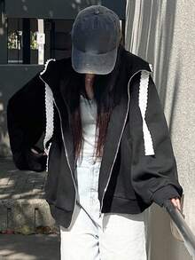 FRIFUL Women's Letter Print Lace Patchwork Black Hoodie Sweatshirt, Loose Fit Thick Thermal Lined Colorblock Jacket School - Black - View 7