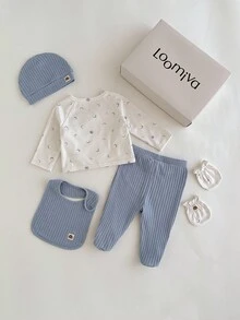 Loomiva 5 件套新生男婴/女婴秋冬套装 - 仿羊绒面料、星星、月亮、彩虹图案、装饰性针织标签、休闲优雅撞色服装（上衣 + 裤子 + 围兜 + 帽子 + 手套） - 彩色 - 查看 2